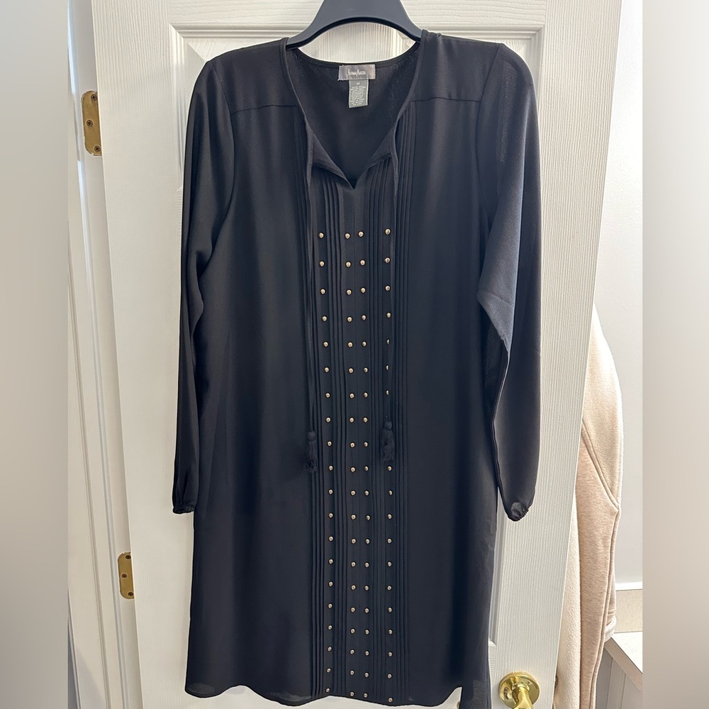 Ladies Black silk Neiman Marcus mid knee dress with gold buttons size M